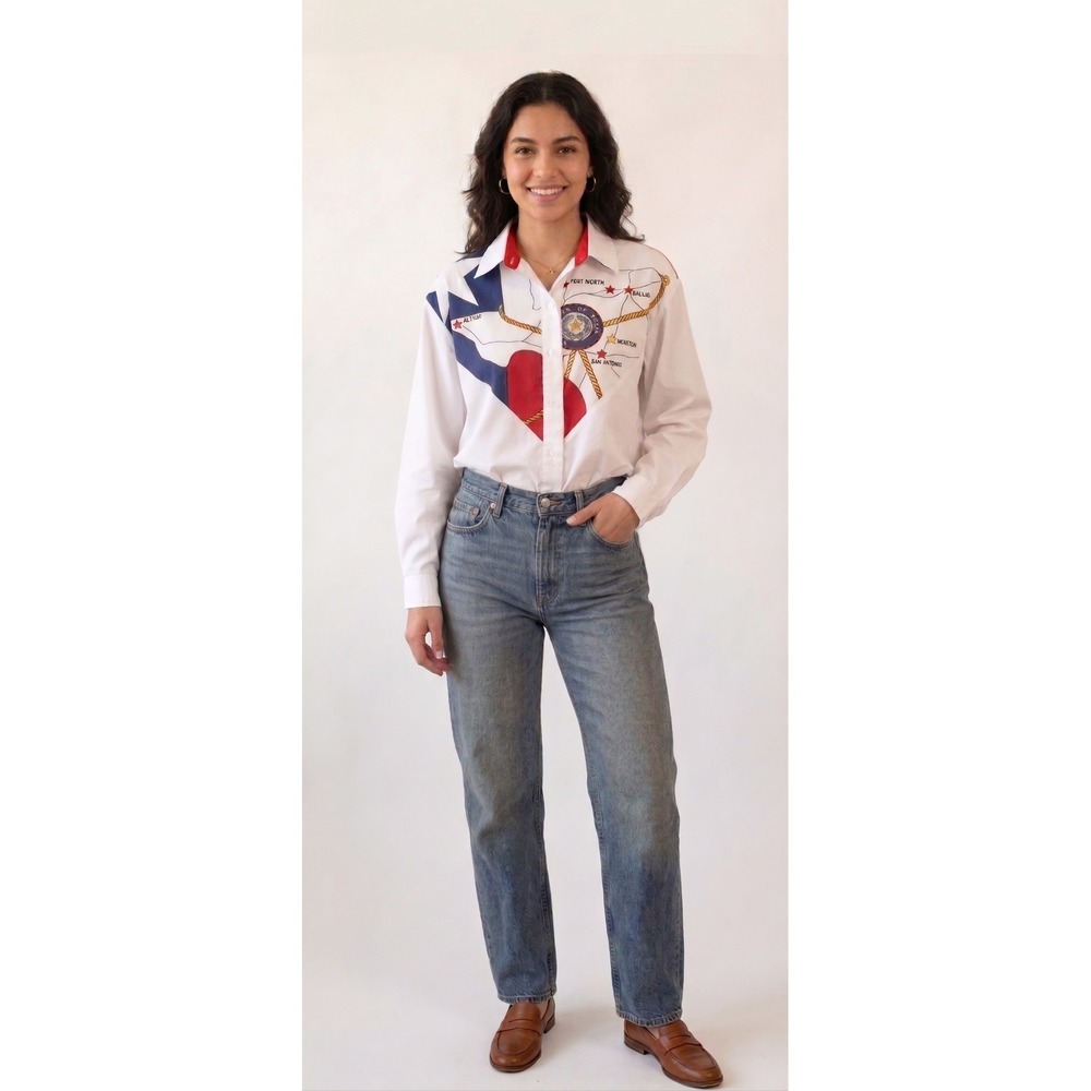 Vintage Women Top L-XL Texas State Button Flag Western Cowgirl Americana Country